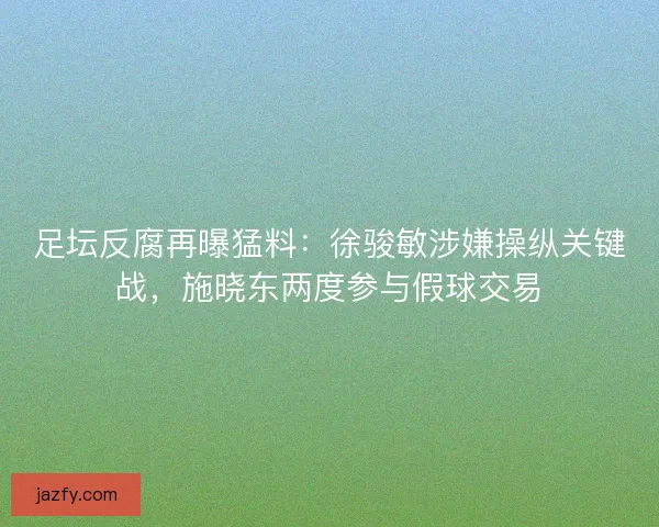 足坛反腐再曝猛料：徐骏敏涉嫌操纵关键战，施晓东两度参与假球交易